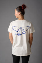 T-shirt unisex bianco vintage con grafica blu acceso