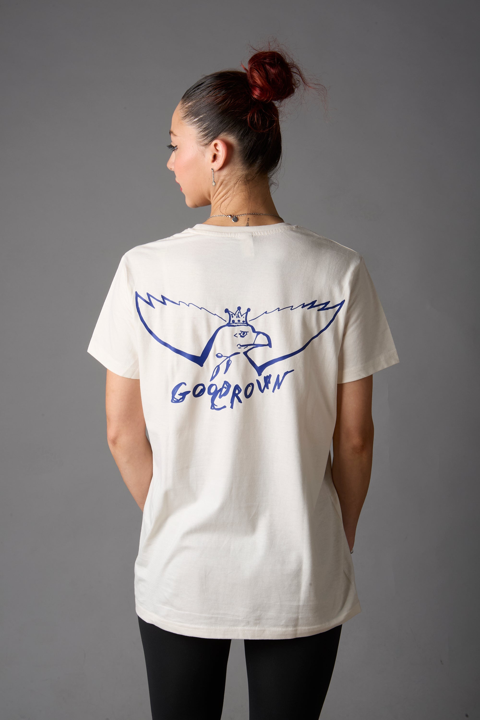 T-shirt unisex bianco vintage con grafica blu acceso