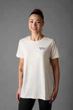 T-shirt unisex bianco vintage con grafica blu acceso