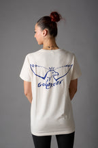 T-shirt unisex bianco vintage con grafica blu acceso