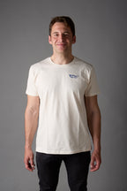 T-shirt unisex bianco vintage con grafica blu acceso
