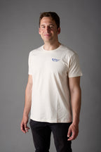 T-shirt unisex bianco vintage con grafica blu acceso