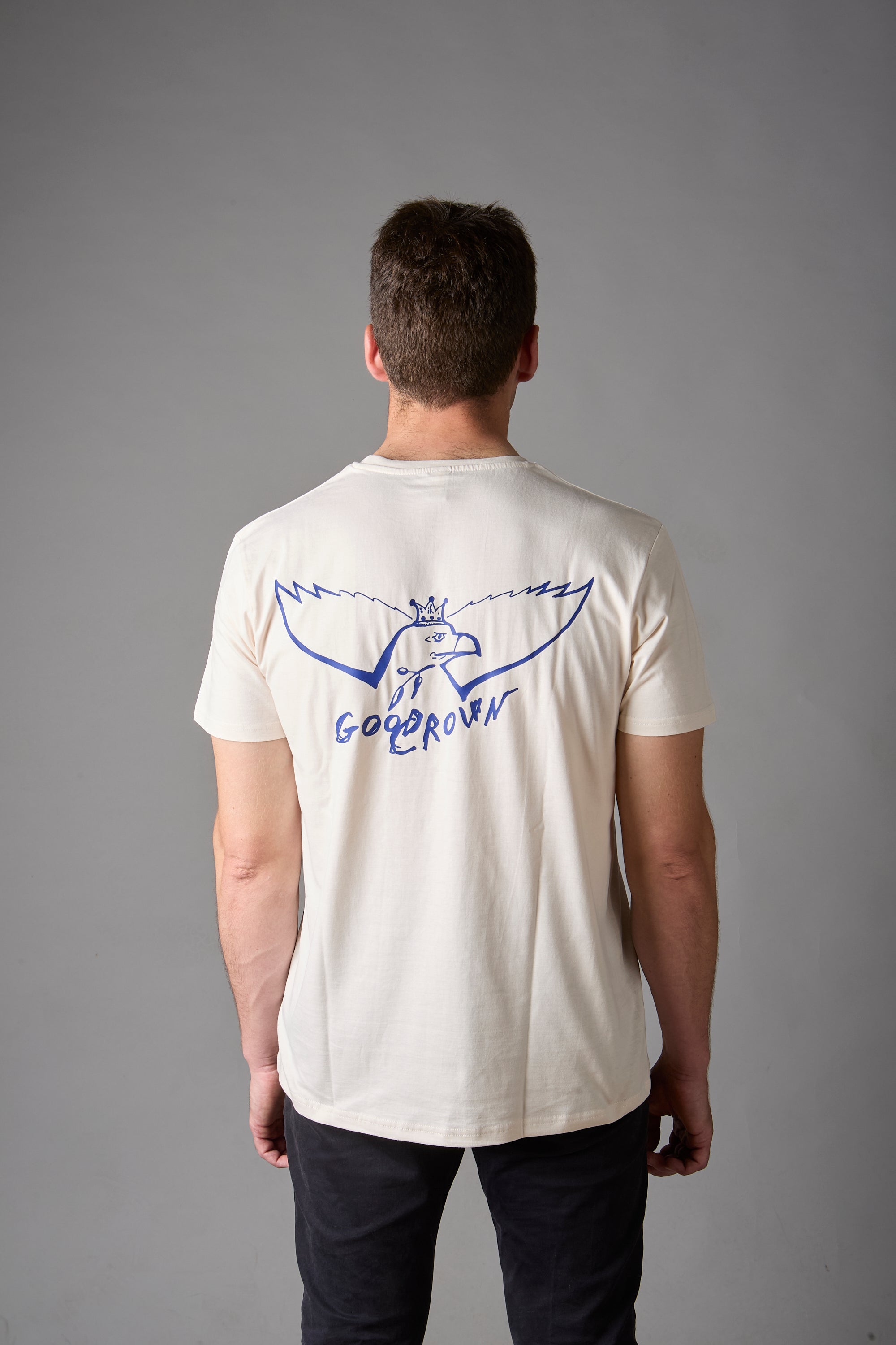 T-shirt unisex bianco vintage con grafica blu acceso