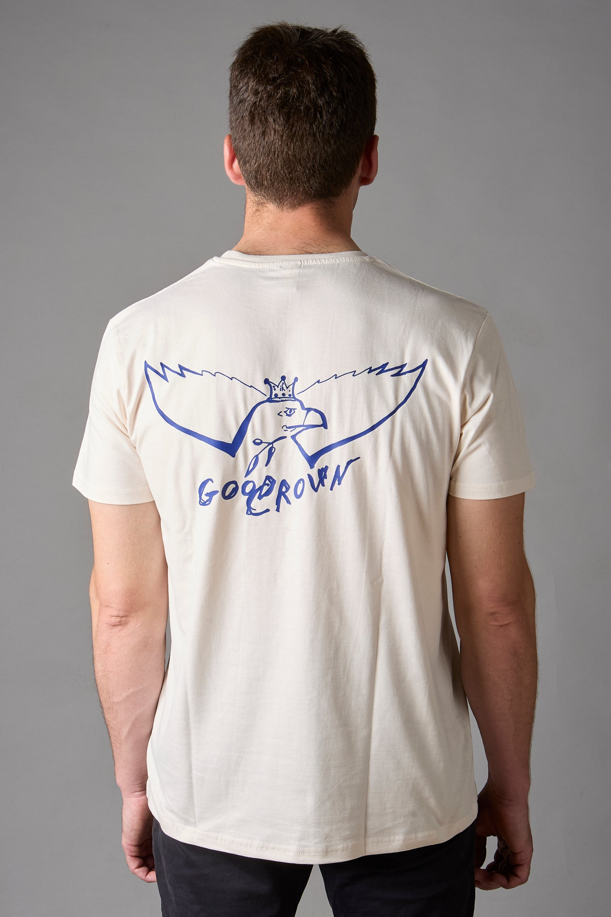T-shirt unisex bianco vintage con grafica blu acceso