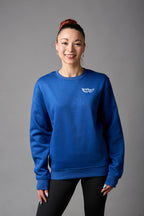 Felpa girocollo unisex 50% cotone, 50% poliestere blu royal con stampa bianca