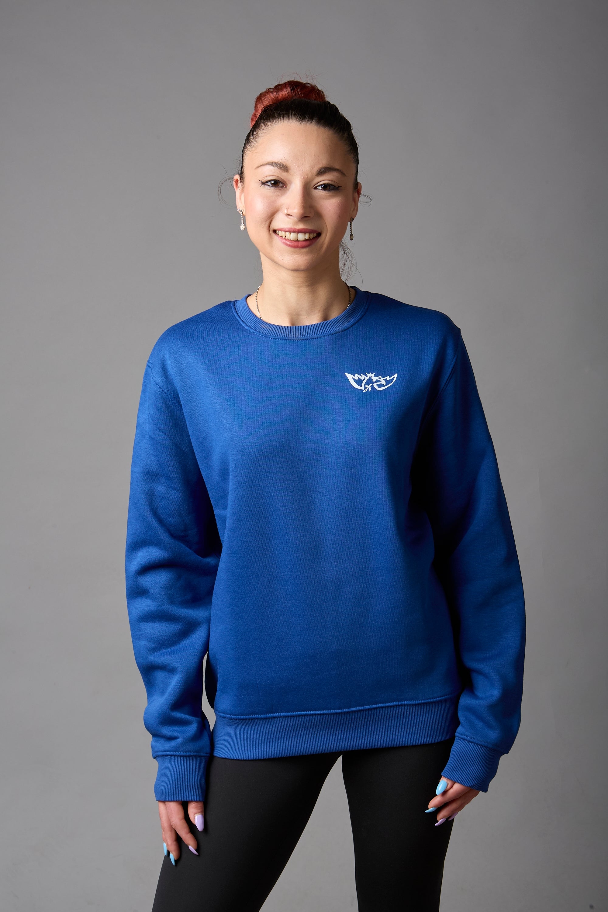 Felpa girocollo unisex 50% cotone, 50% poliestere blu royal con stampa bianca