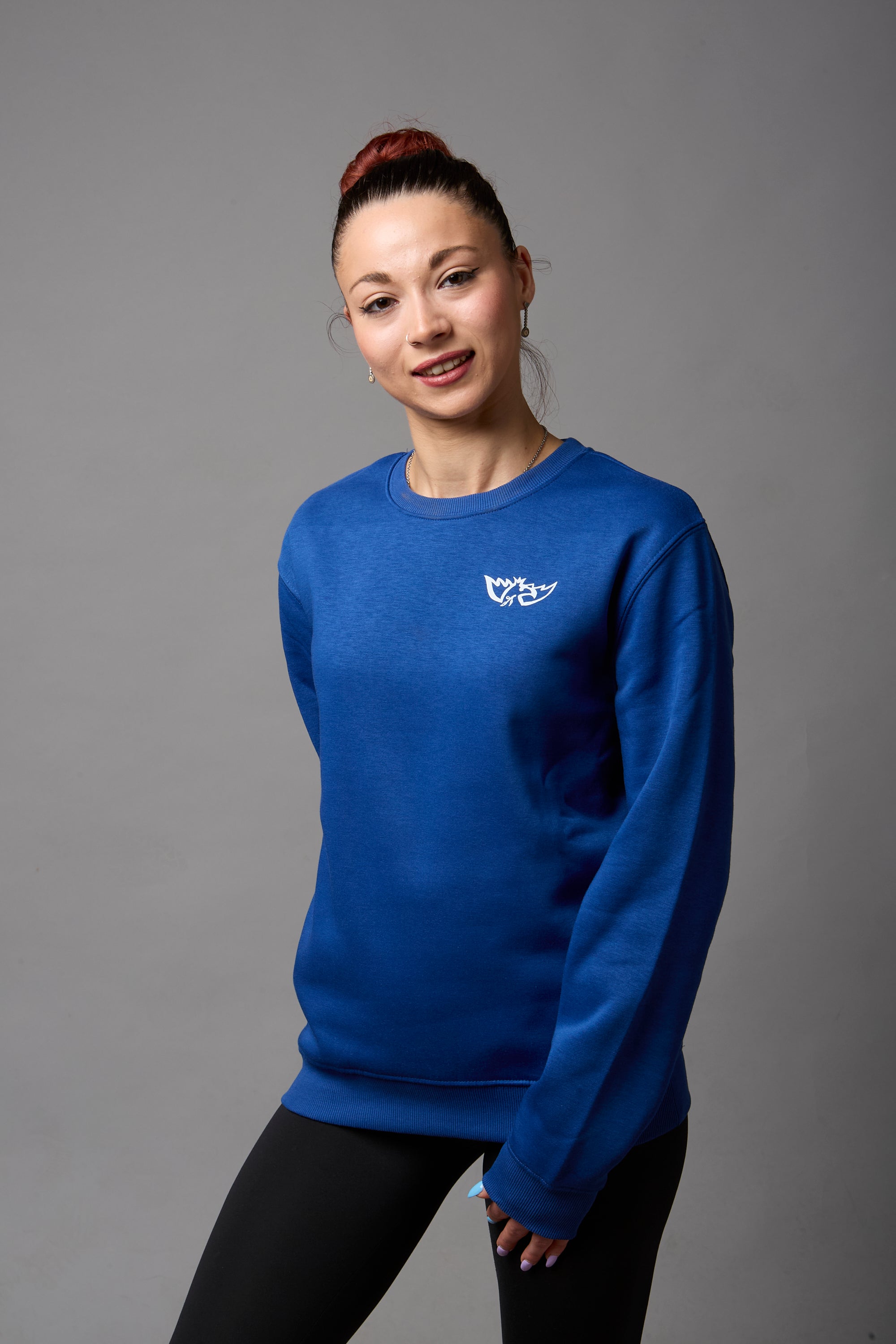 Felpa girocollo unisex 50% cotone, 50% poliestere blu royal con stampa bianca