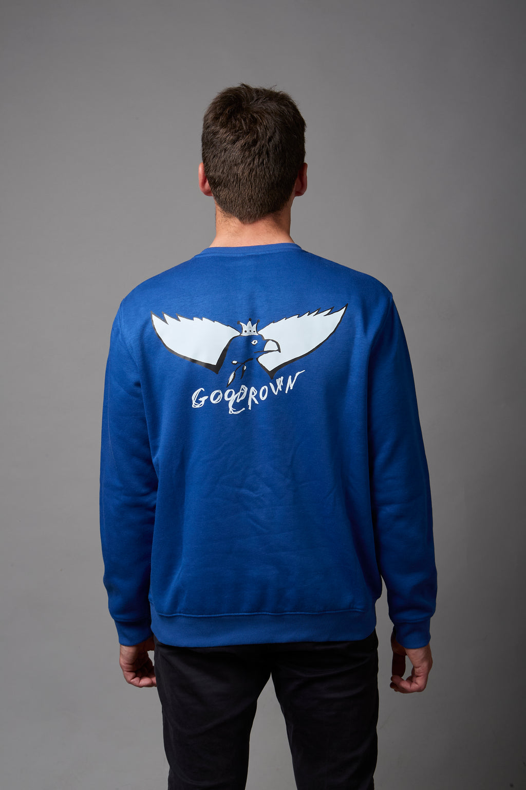 Felpa girocollo unisex 50% cotone, 50% poliestere blu royal con stampa bianca