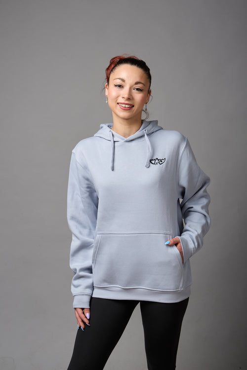 Felpa con cappuccio 50% cotone, 50%poliestere colore celeste ricamo lato cuore e stampa a tutta schiena