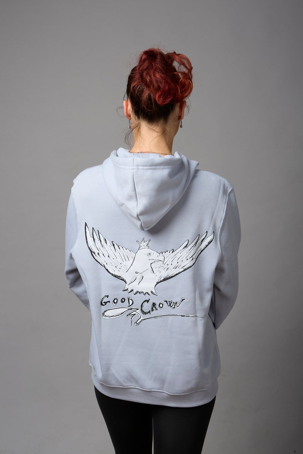Felpa con cappuccio 50% cotone, 50%poliestere colore celeste ricamo lato cuore e stampa a tutta schiena