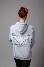 Felpa con cappuccio 50% cotone, 50%poliestere colore celeste ricamo lato cuore e stampa a tutta schiena