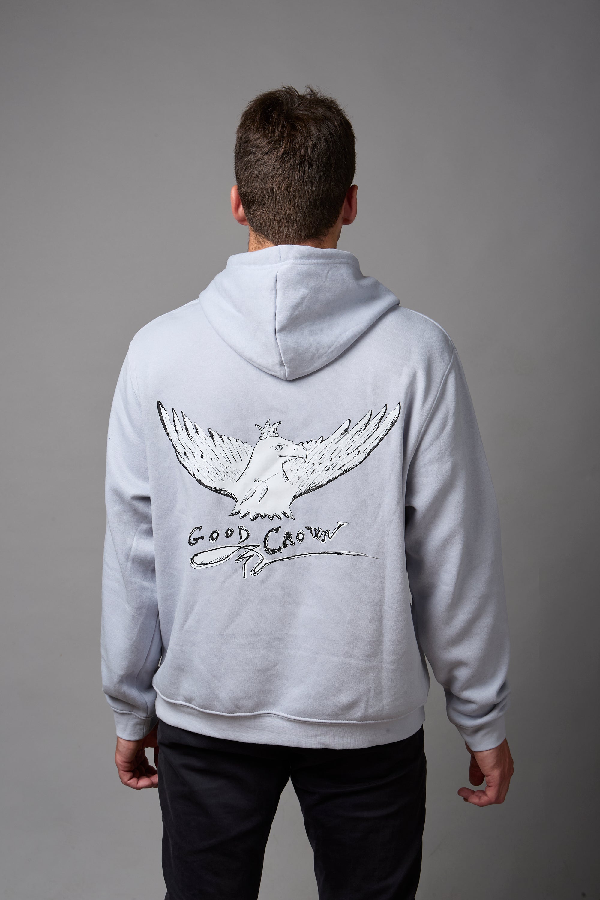 Felpa con cappuccio 50% cotone, 50%poliestere colore celeste ricamo lato cuore e stampa a tutta schiena