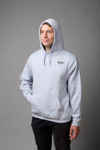 Felpa con cappuccio 50% cotone, 50%poliestere colore celeste ricamo lato cuore e stampa a tutta schiena