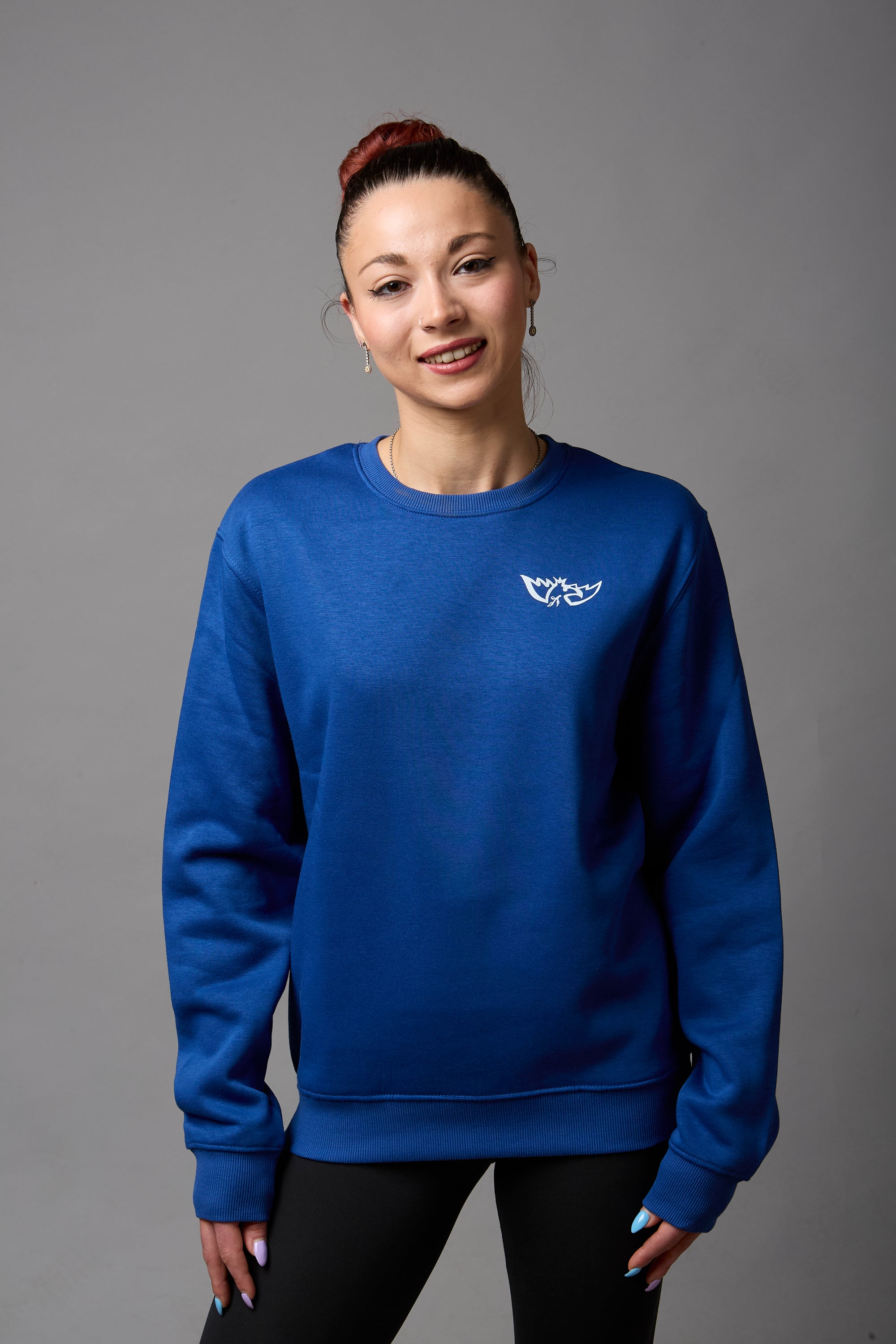 Felpa girocollo unisex 50% cotone, 50% poliestere blu royal con stampa bianca