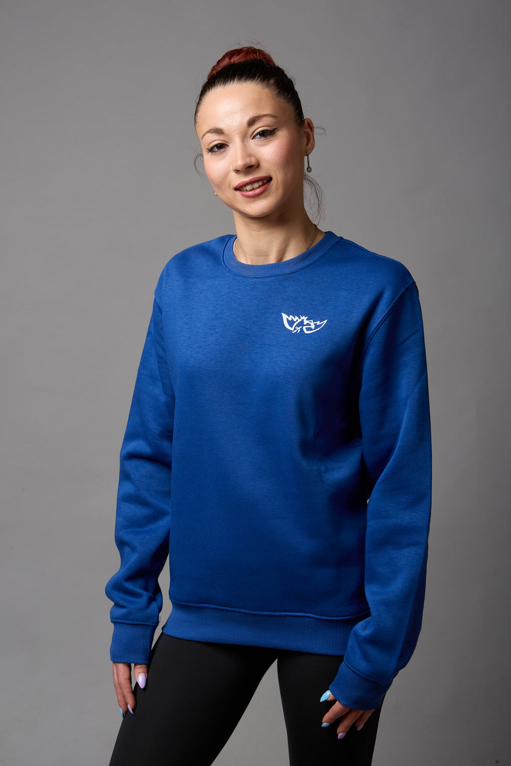 Felpa girocollo unisex 50% cotone, 50% poliestere blu royal con stampa bianca