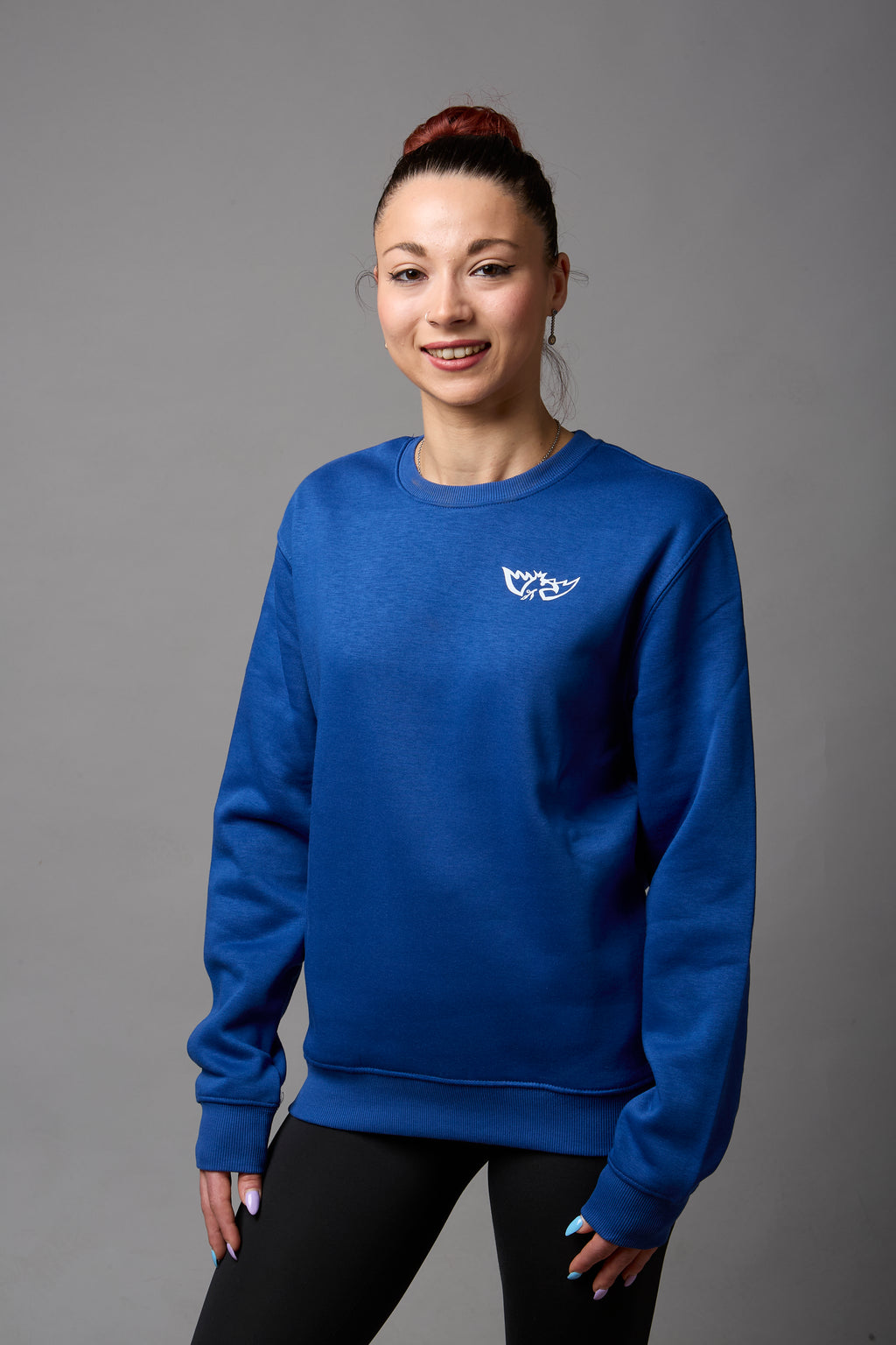 Felpa girocollo unisex 50% cotone, 50% poliestere blu royal con stampa bianca