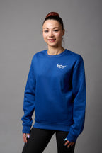 Felpa girocollo unisex 50% cotone, 50% poliestere blu royal con stampa bianca