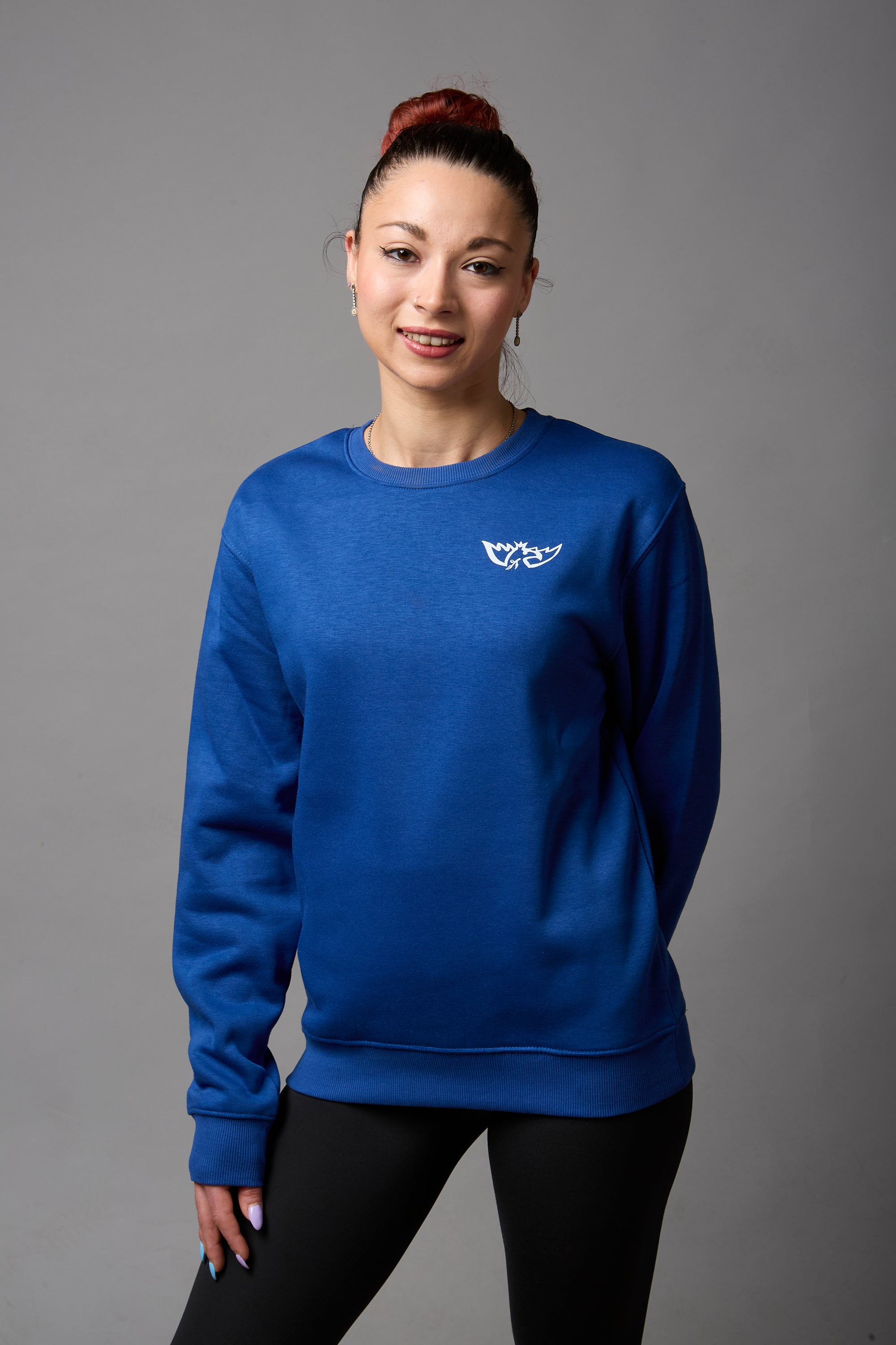 Felpa girocollo unisex 50% cotone, 50% poliestere blu royal con stampa bianca