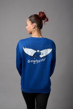 Felpa girocollo unisex 50% cotone, 50% poliestere blu royal con stampa bianca
