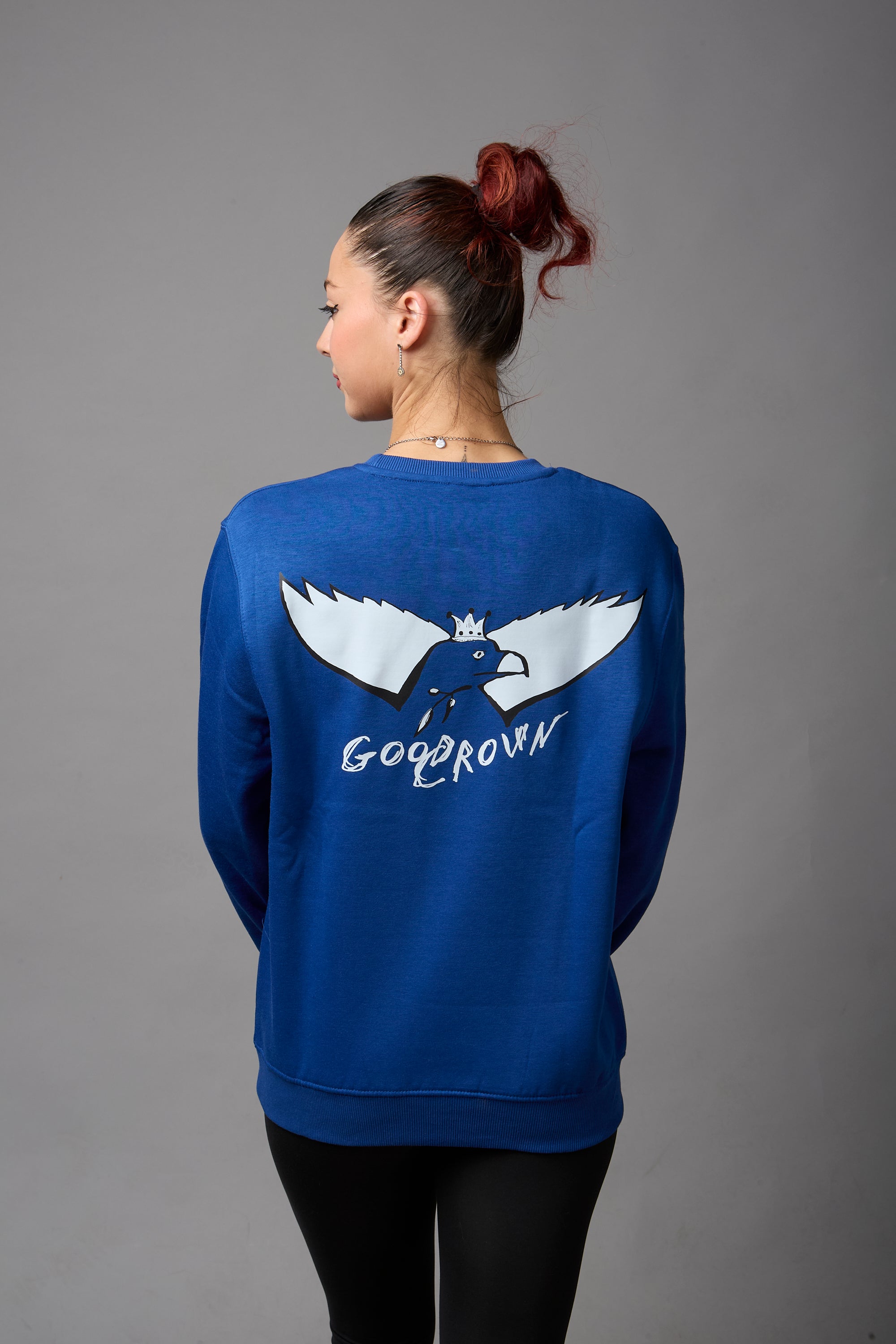 Felpa girocollo unisex 50% cotone, 50% poliestere blu royal con stampa bianca